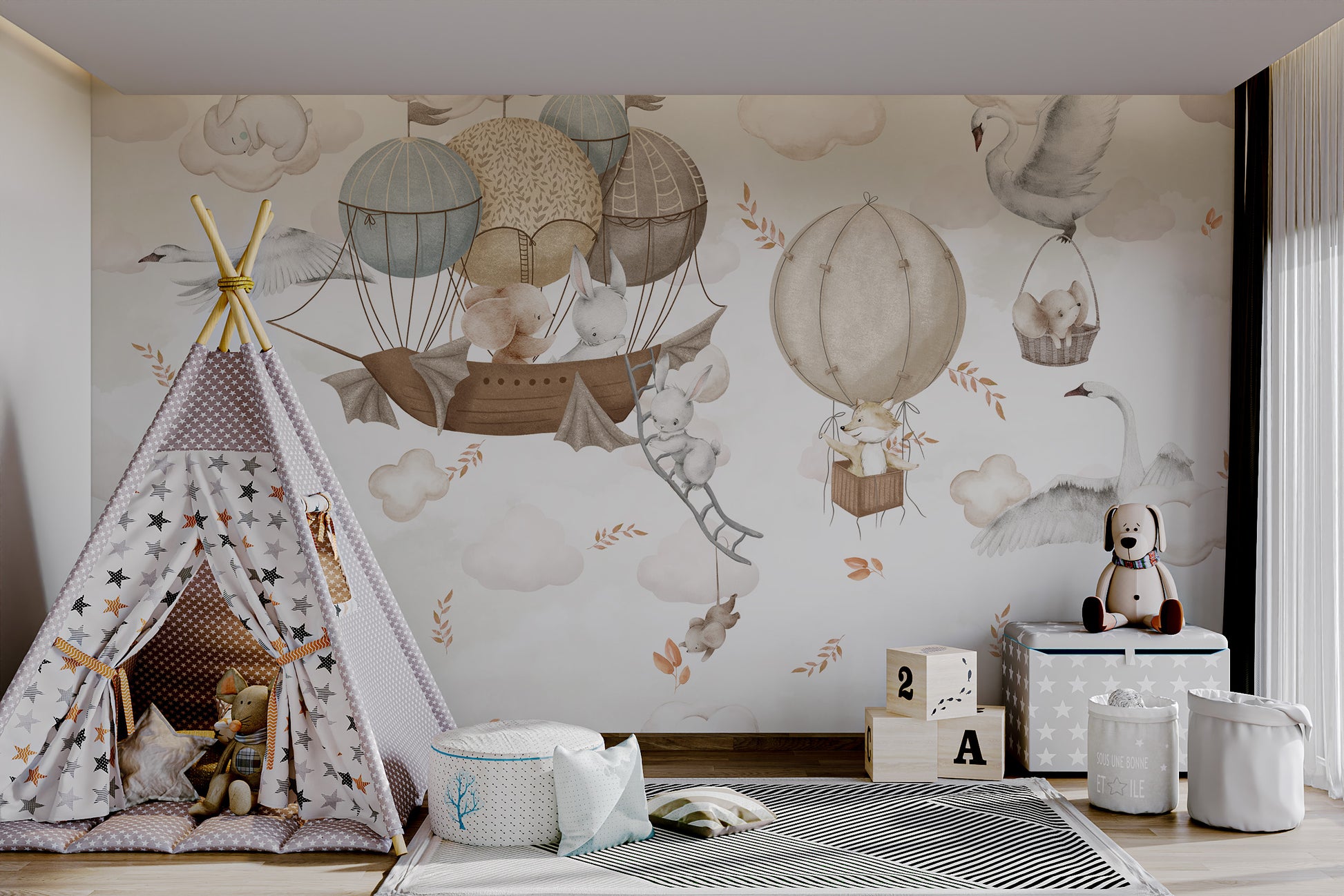 Cute animals in floating ships and balloons under soft cloud patterns.
