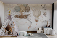 Cute animals in floating ships and balloons under soft cloud patterns.