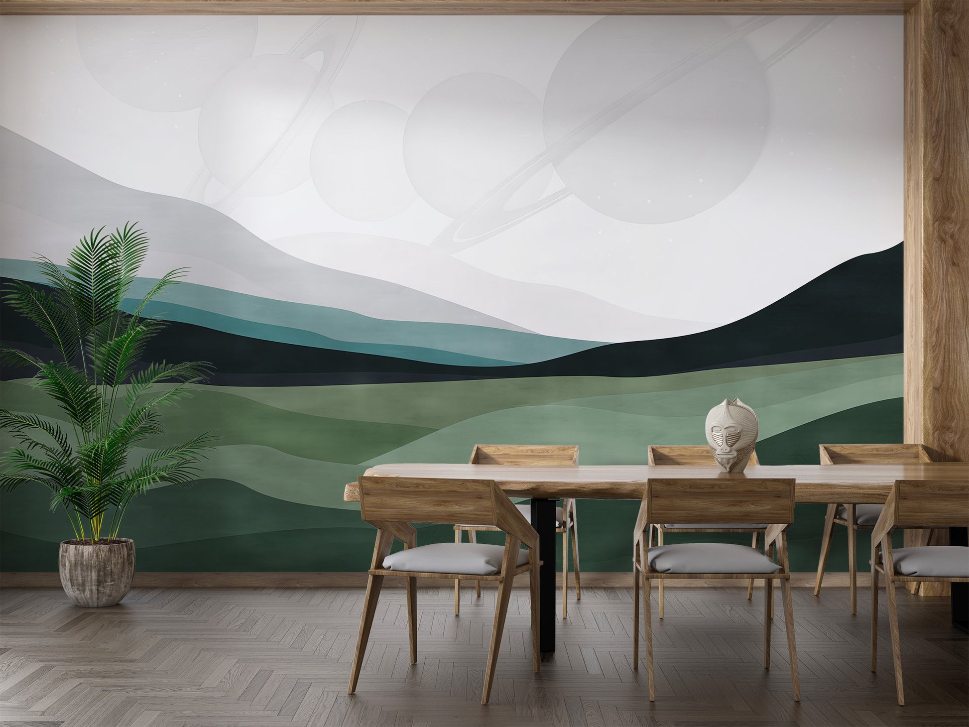 Space-inspired wallpaper featuring abstract mountains and multiple planetary rings.