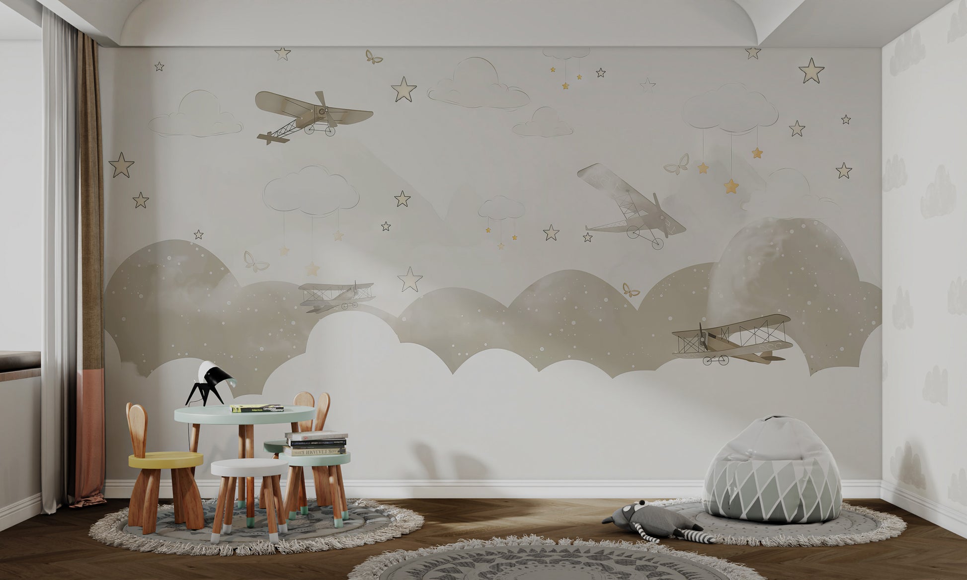 Watercolor airplanes flying under clouds, with scattered stars and butterflies.