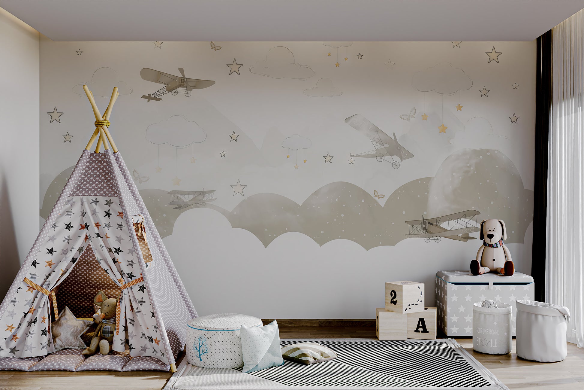 Playful airplanes gliding in a cloudy sky filled with stars and butterflies.