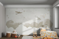 Dreamy wallpaper with airplanes, clouds, stars, and delicate butterflies.