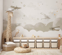 Airplanes floating among dreamy clouds, stars, and playful butterflies.