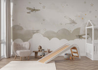 Vintage airplanes flying among clouds and stars in a whimsical sky scene.