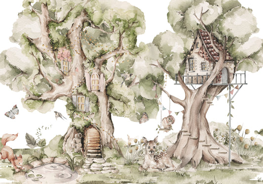 Watercolor Tree Cottage Mural Wallpaper