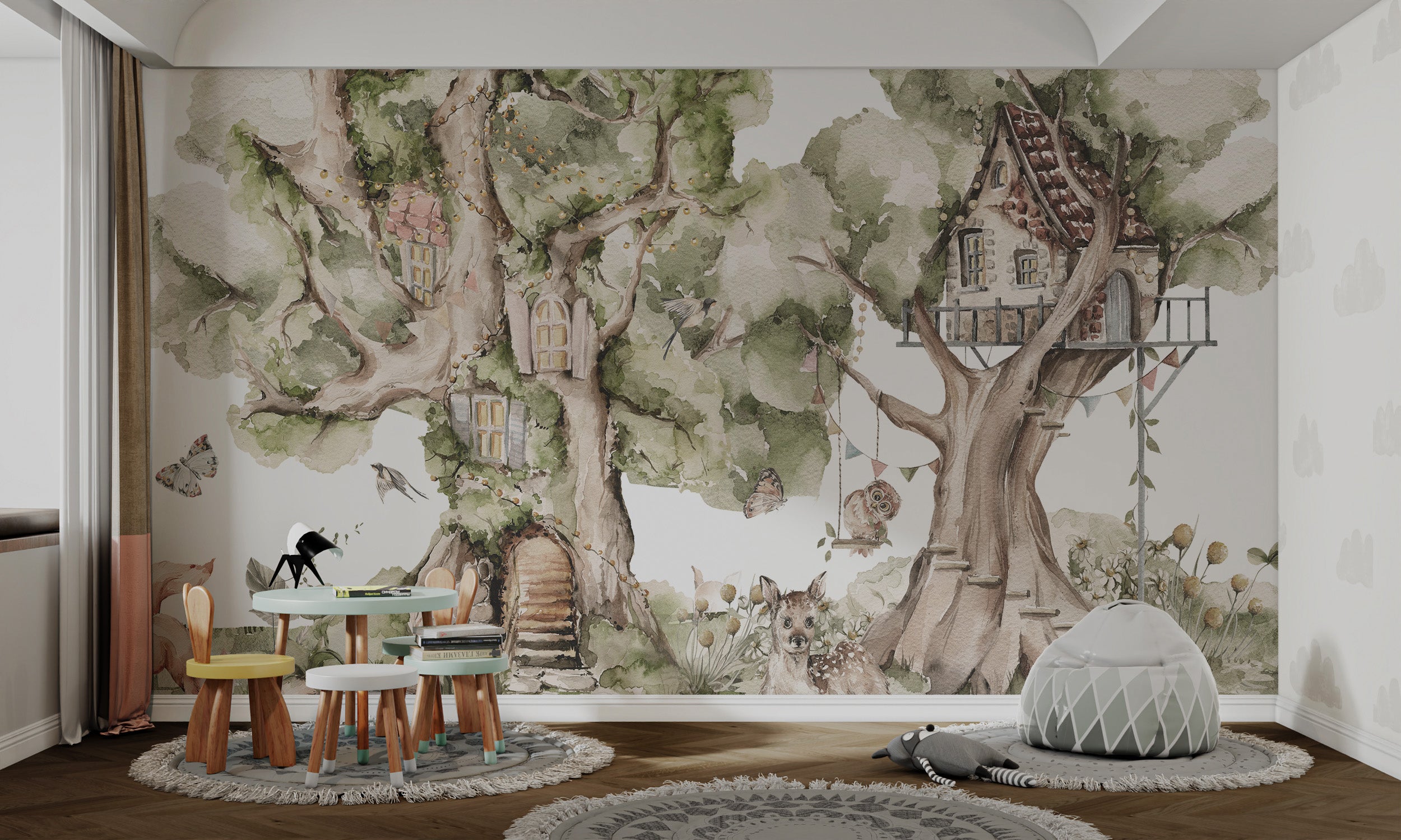 Dreamy watercolor treehouse scene with animals, foliage, and soft colors.