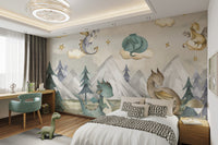 Cute dragons floating on clouds above a forest with pine trees and mountains.