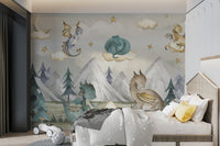 Watercolor dragons resting and playing under a sky filled with stars.