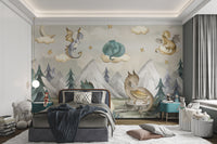 Whimsical dragons flying and sleeping among stars, clouds, and pine trees.