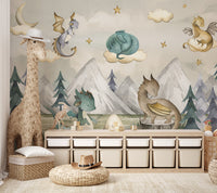 Baby dragons surrounded by mountains, stars, and dreamy clouds at night.