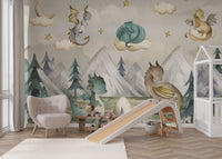 Dragons exploring a dreamy forest landscape with tall trees and mountain peaks.