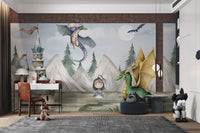 Princess and dragons mural in enchanted forest setting with knight and castle.