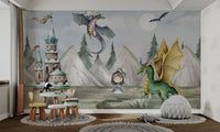 Fantasy kingdom mural with green dragon, knight, and magical castle towers.