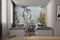 Castle and knight mural featuring dragons, princess, and moonlit sky.