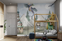 Fairytale landscape wallpaper with dragons, castle towers, and magical forest backdrop.
