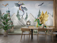 Fantasy kingdom wallpaper with whimsical dragons, forest mountains, and castle.