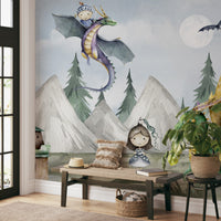 Enchanted kingdom wallpaper with dragons, princess, castle, and forested mountains.