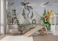 Fantasy mural with knight riding dragon and a green dragon meeting princess.