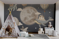 Whimsical ocean animals and airships under stars and the full moon.