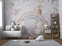 Girls riding unicorns with delicate flowers and pastel stars in the background.