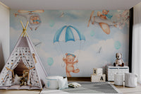 Parachuting teddy bear enjoying a sunny adventure with airplanes and balloons around.