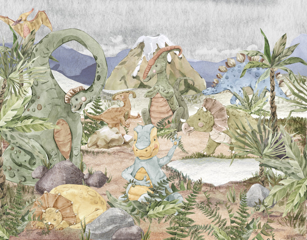 Watercolor Dinosaur Adventure Kids Wallpaper