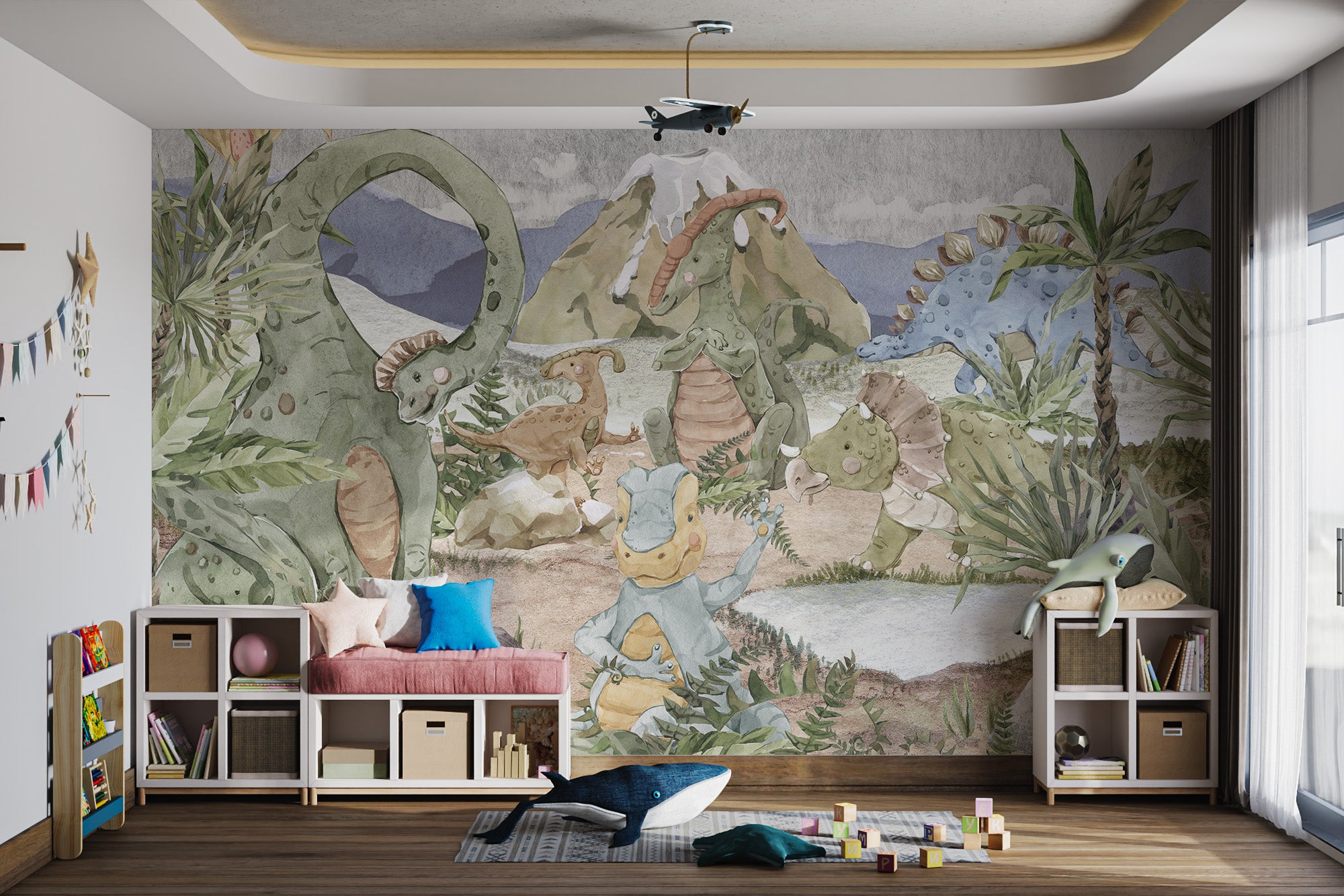 Green, blue, and yellow dinosaurs surrounded by plants and mountains in a prehistoric setting.