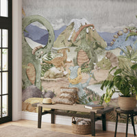 Peaceful prehistoric scene featuring cute dinosaurs in a lush, mountainous backdrop.