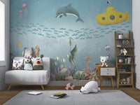 Underwater mural featuring dolphins, seahorses, jellyfish, fish, corals, and a submarine.