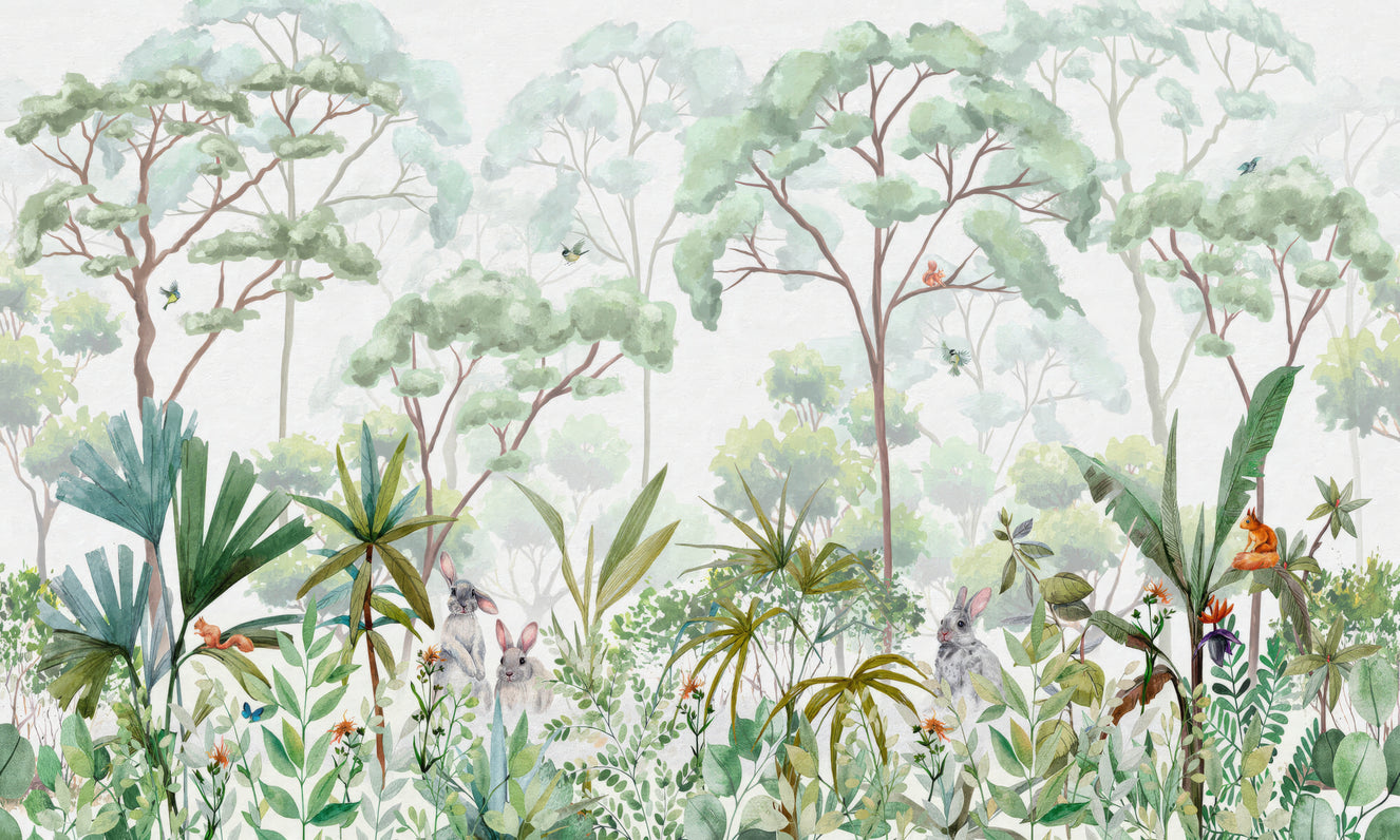 Soft Green Forest Wildlife Kids Wallpaper