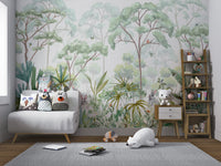 Tropical forest mural with watercolor trees, greenery, and woodland animals.