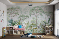 Forest scene mural with rabbits, tropical leaves, and watercolor birds.