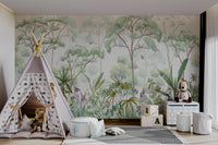 Whimsical rainforest wallpaper featuring squirrels, rabbits, and tropical plants.