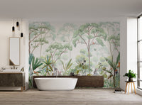 Forest wallpaper with watercolor trees, rabbits, and exotic birds flying.