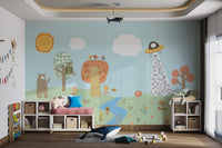 Whimsical forest scene with bear, fox, and owls beneath a playful UFO beam.