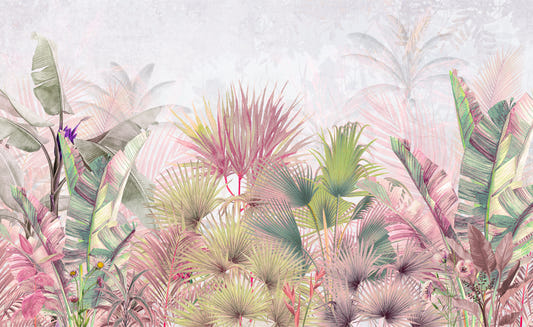 Pastel Tropical Palm and Banana Leaves Wallpaper