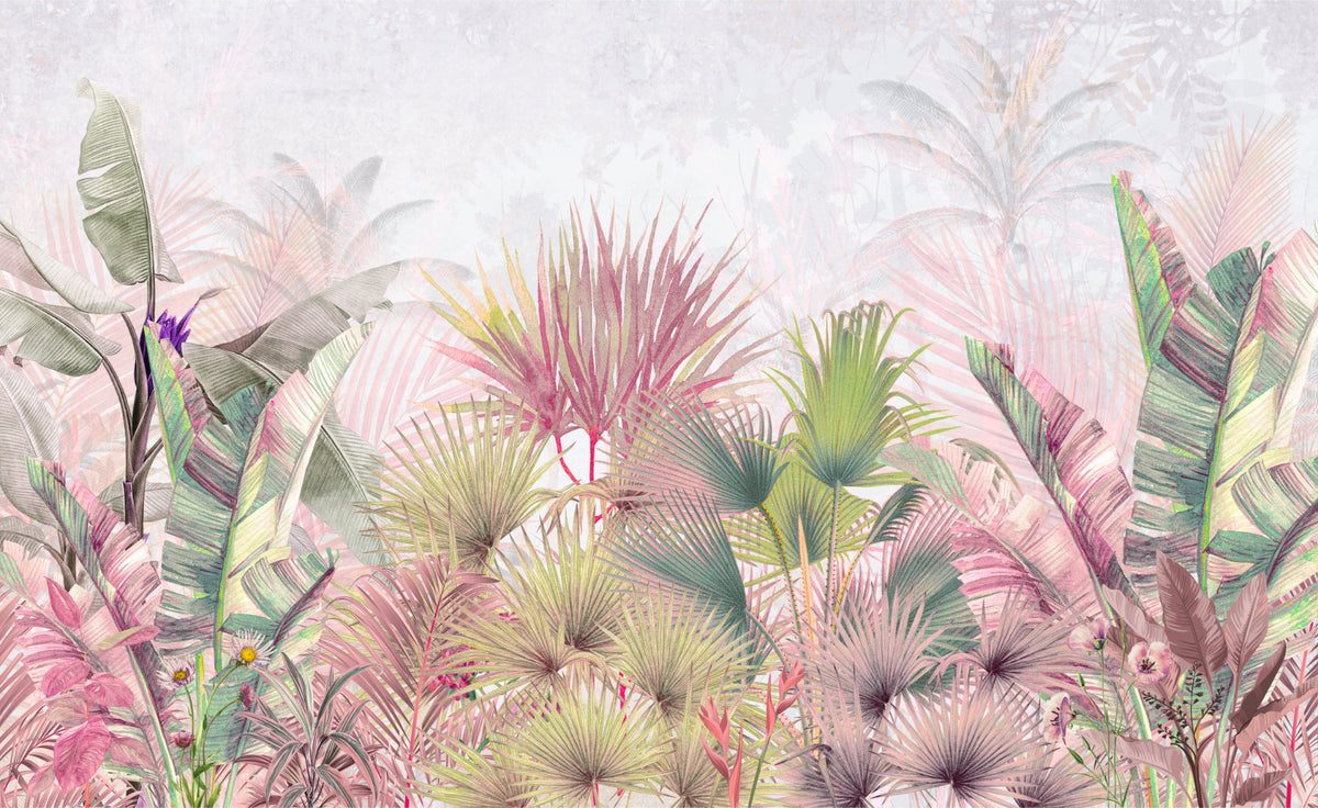 Pastel Tropical Palm and Banana Leaves Wallpaper in your room