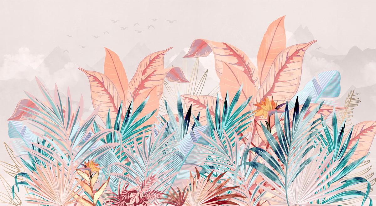 Soft Pastel Banana Leaf Wallpaper in your room — zoomed