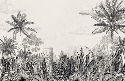 Vintage Tropical Botanical Monochrome Mural