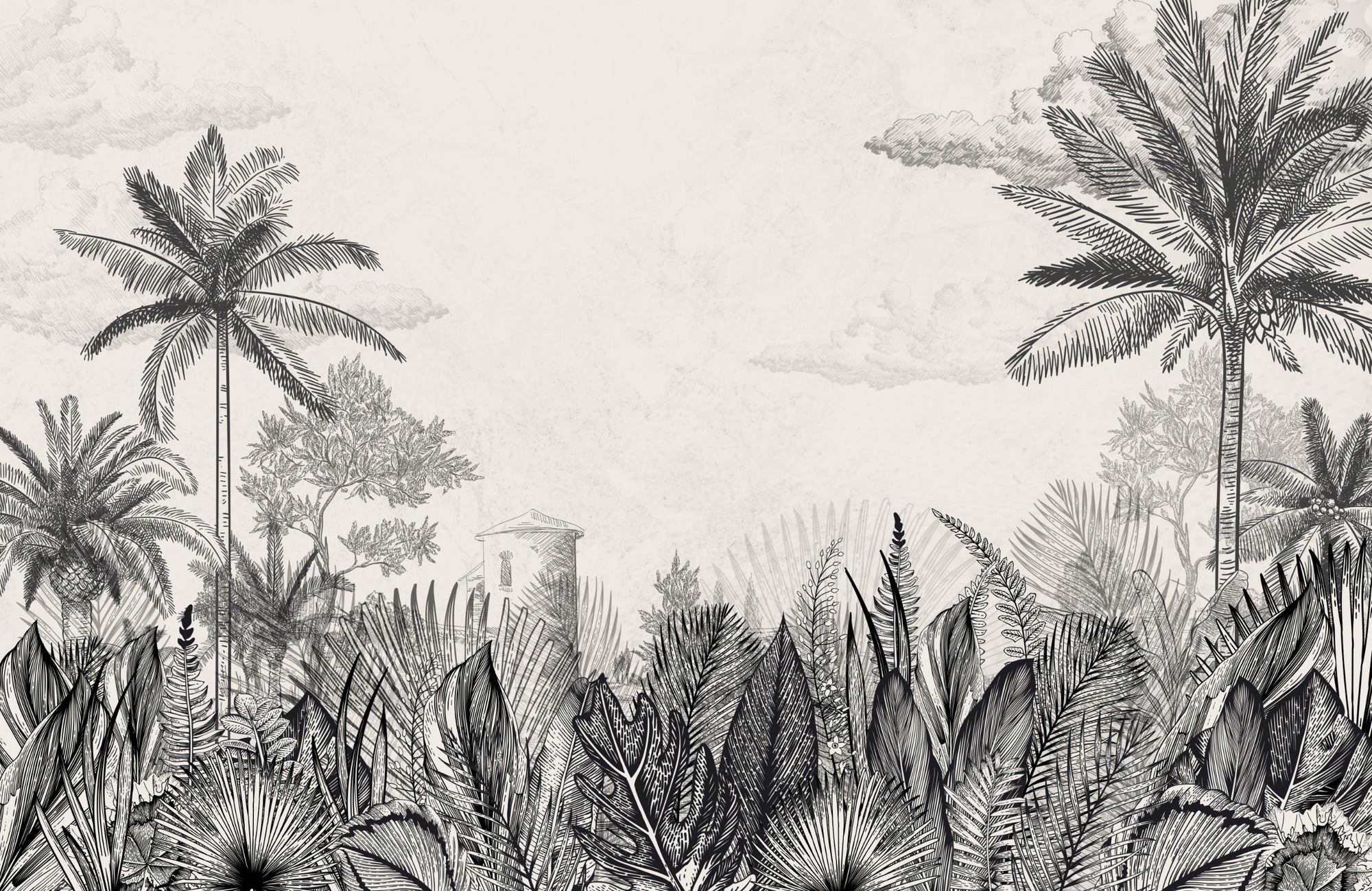 Vintage Tropical Botanical Monochrome Mural