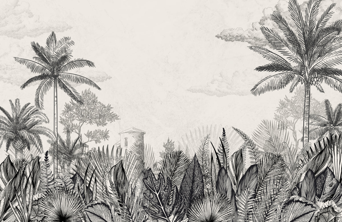 Vintage Tropical Botanical Monochrome Mural in your room — zoomed