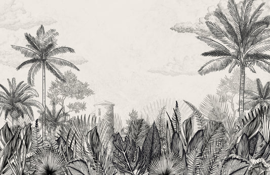 Vintage Tropical Botanical Monochrome Mural