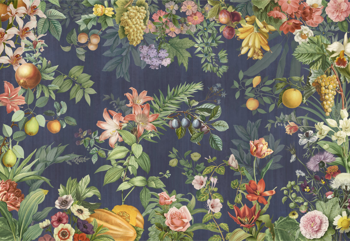 Botanical Floral and Fruit Wallpaper