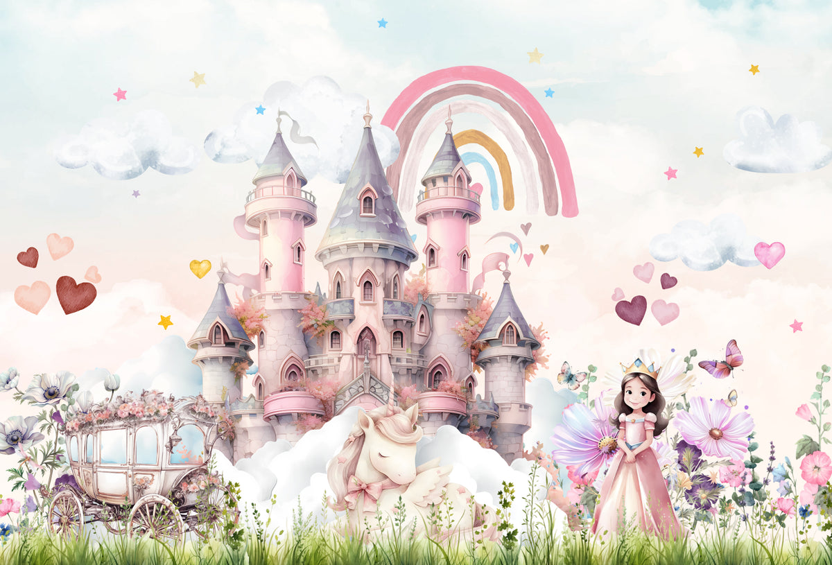 Princess Castle Unicorn Rainbow Wallpaper in your room — zoomed