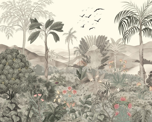 Tropical Jungle Mural with Palm Trees