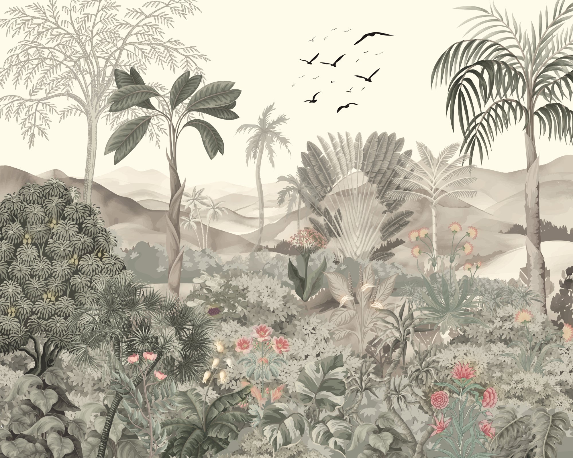 Tropical Jungle Mural with Palm Trees