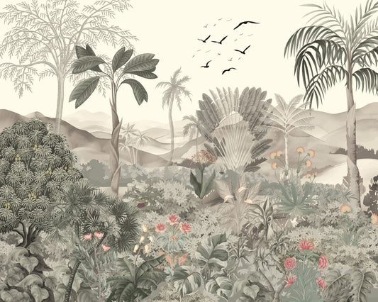 Tropical Jungle Mural with Palm Trees