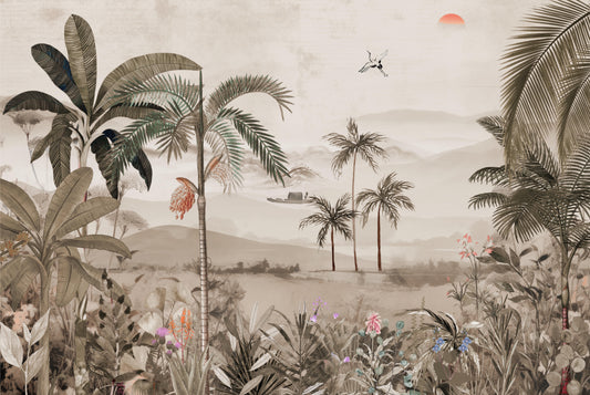 Vintage Tropical Jungle Landscape Wallpaper
