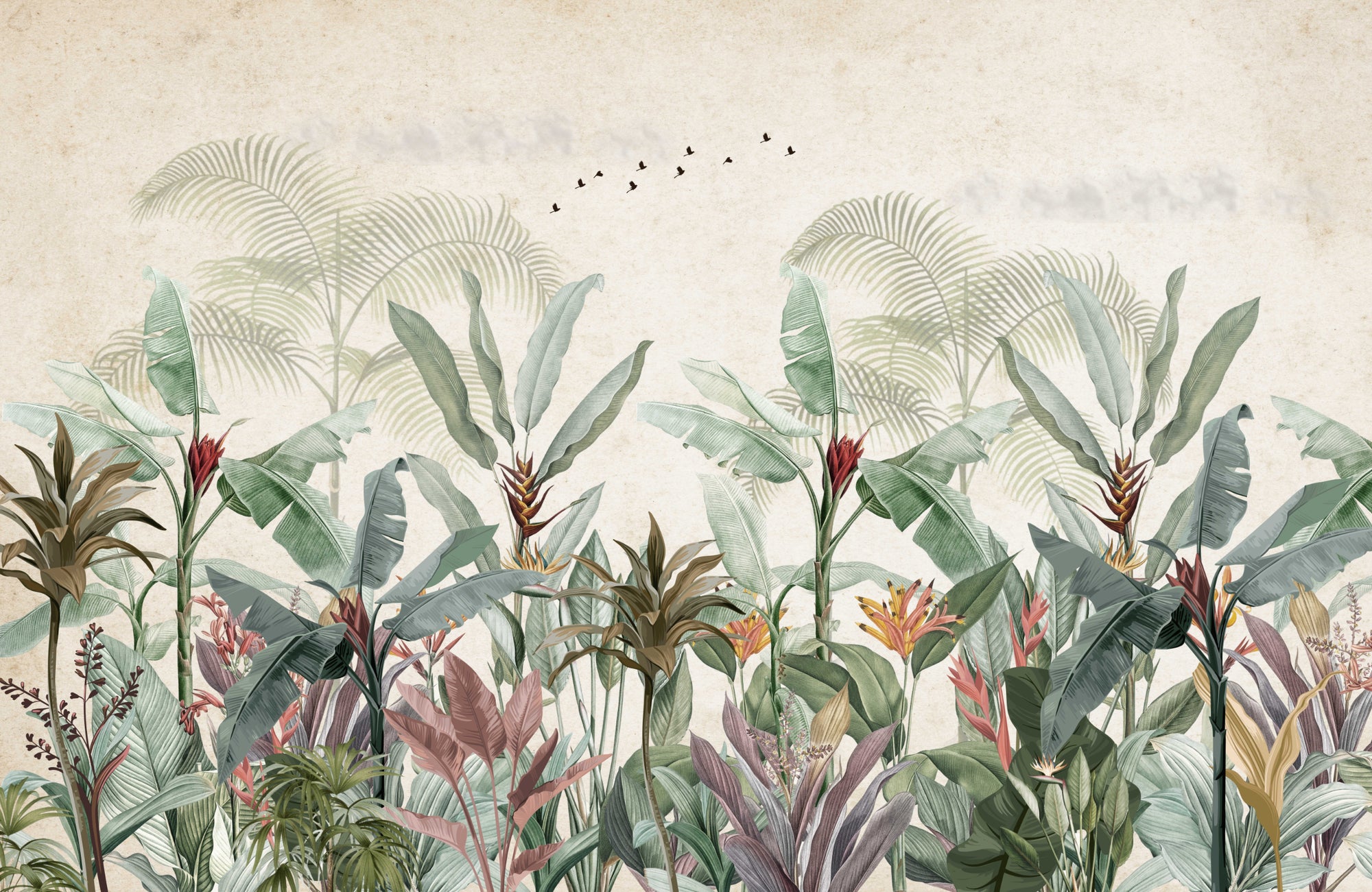 Vintage Tropical Botanical Leaf Mural