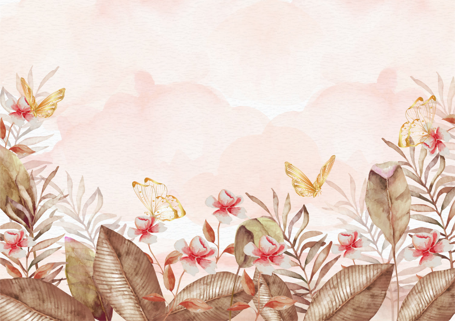 Gold Butterfly Watercolor Floral Wallpaper